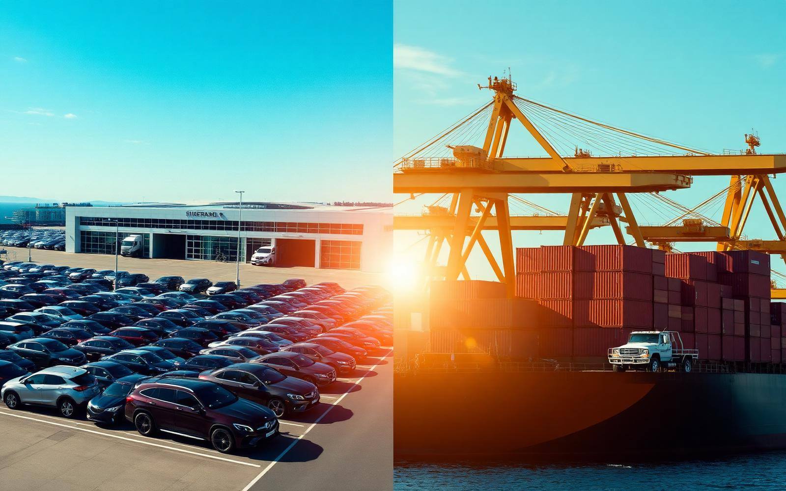U.S. dealership lot beside an active container shipping port