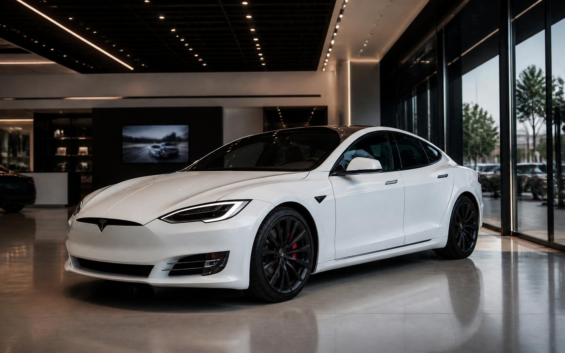White Tesla Model S in a modern luxury showroom
